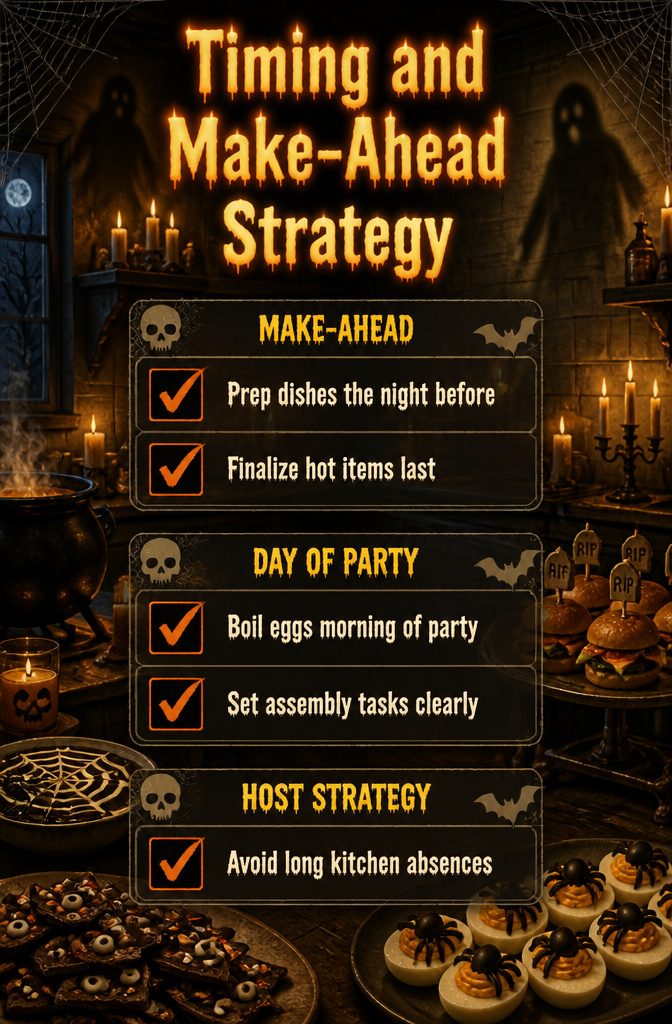 A checklist for timing and make-ahead strategies for a Halloween party.
