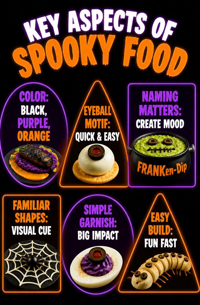 An array of Halloween-themed foods showcasing different colors and shapes.