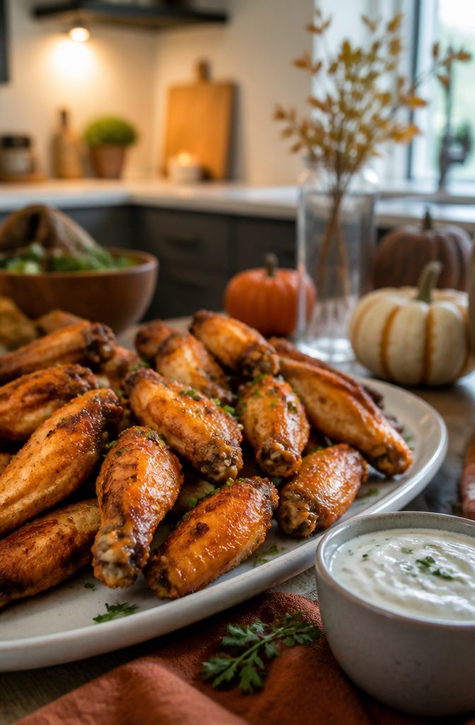 Golden chicken wings on a platter, accompanied by ranch sauce.