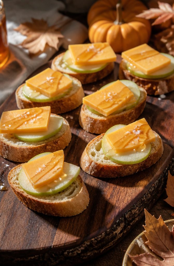 Crostini topped with apple slices and cheddar cheese on a serving platter.