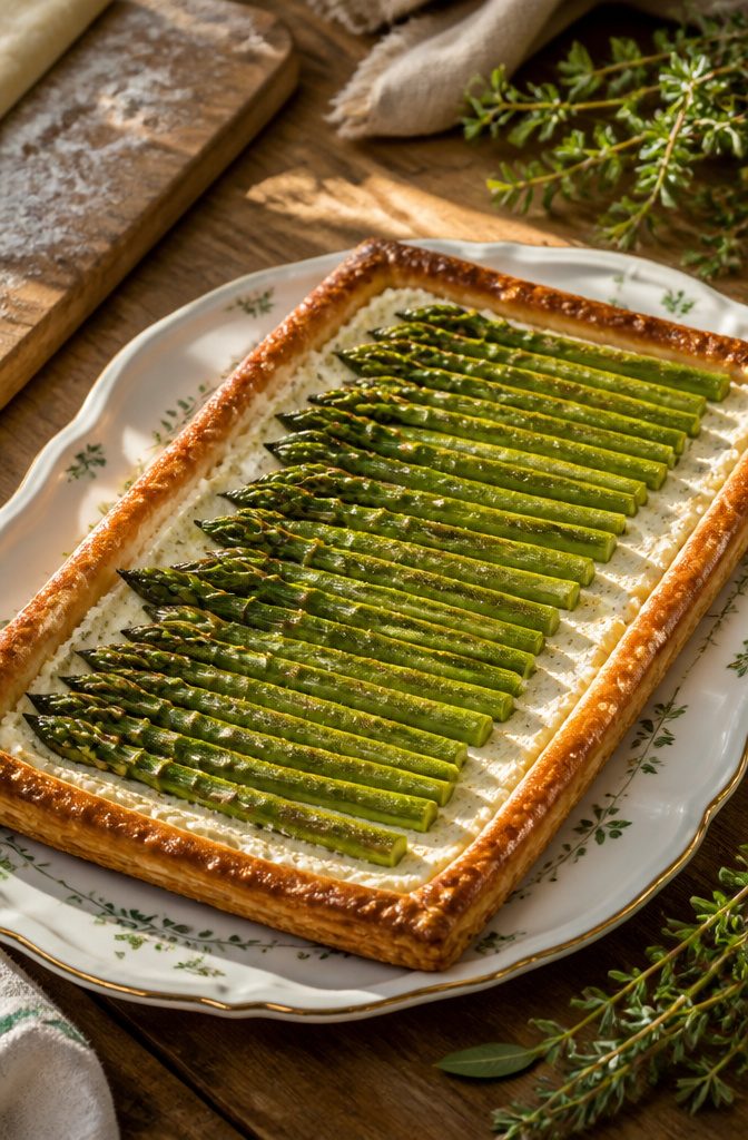 Asparagus tart made with puff pastry and goat cheese on a rustic table.