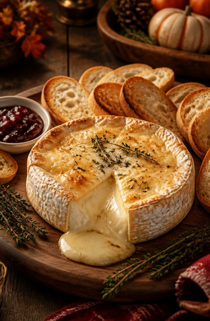 Baked brie topped with jam and served with bread slices.