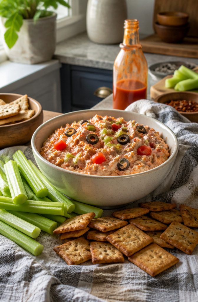 Bloody Mary dip with celery sticks and crackers on a textured cloth.