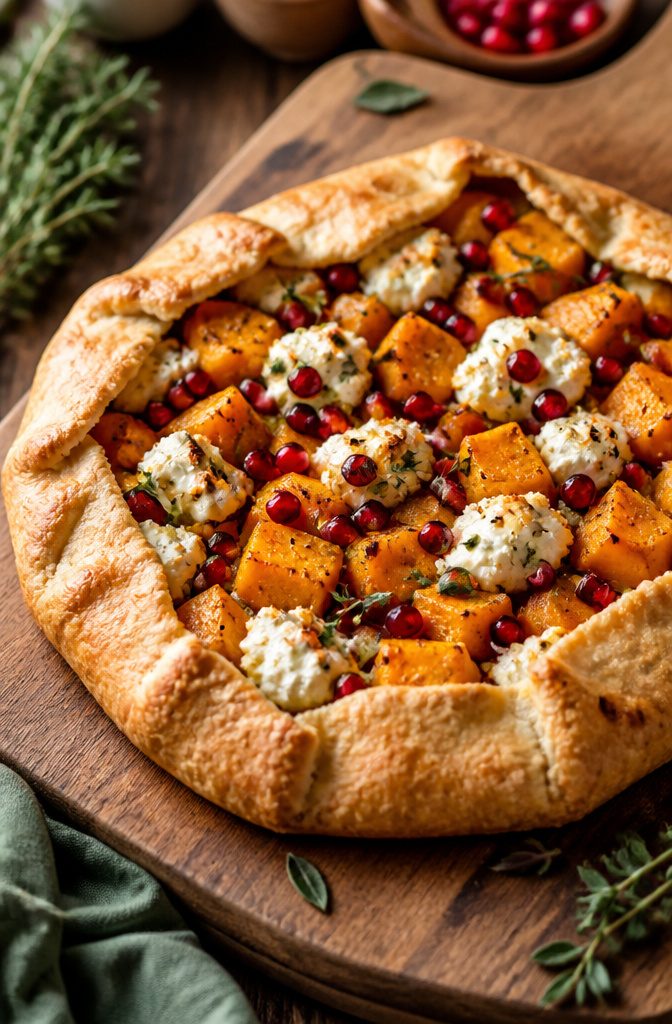 Galette made with butternut squash and goat cheese on a wooden table.