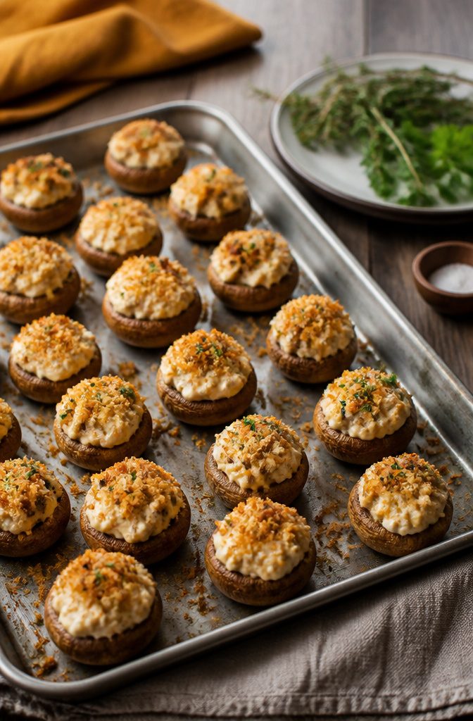Stuffed mushrooms on a baking sheet, topped with panko and herbs.
