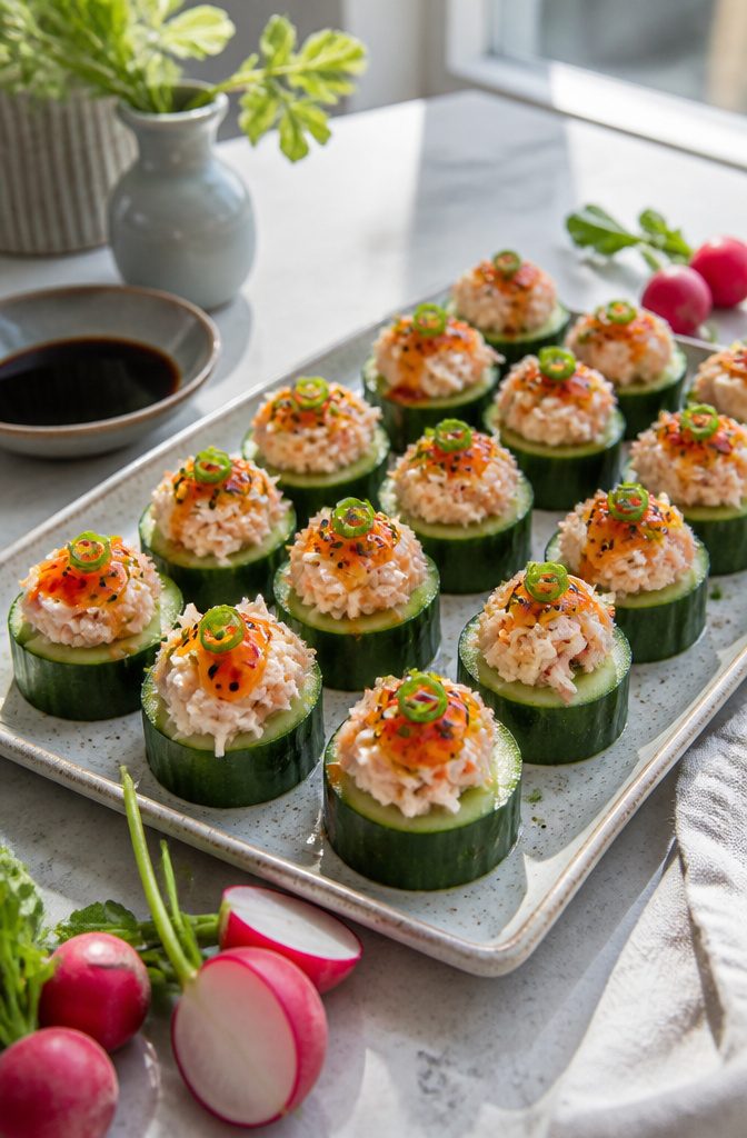 Cucumber slices topped with crab salad and garnished with chili sauce.