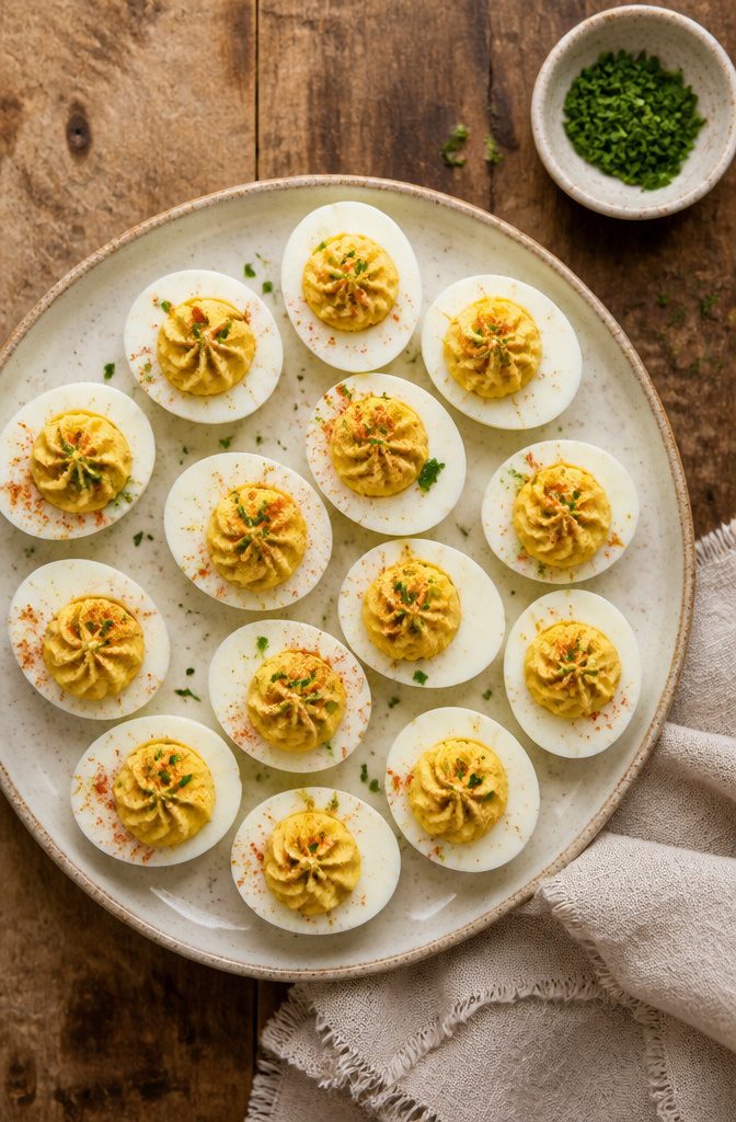Tray of deviled eggs garnished and ready to serve.