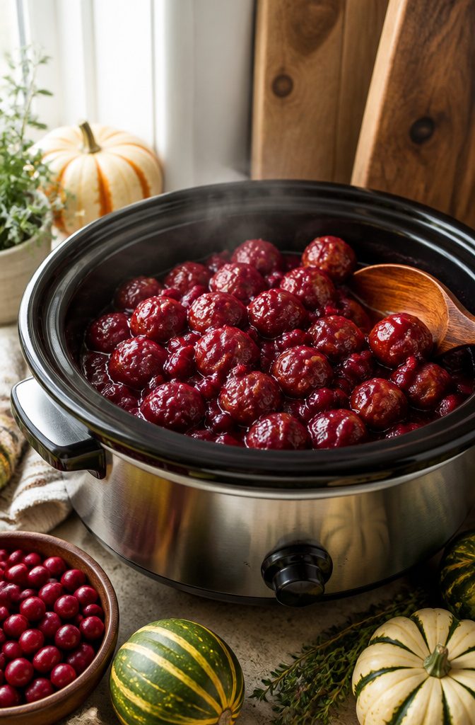 Cranberry meatballs in a slow cooker, surrounded by decorative gourds.