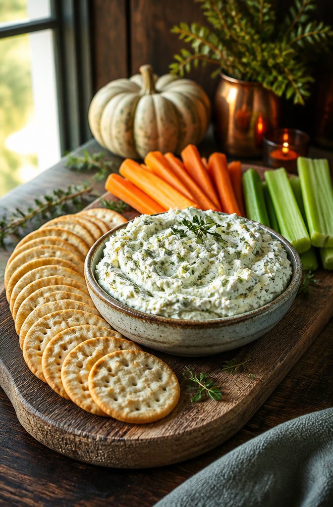Homemade Boursin cheese served with water crackers and vegetables.