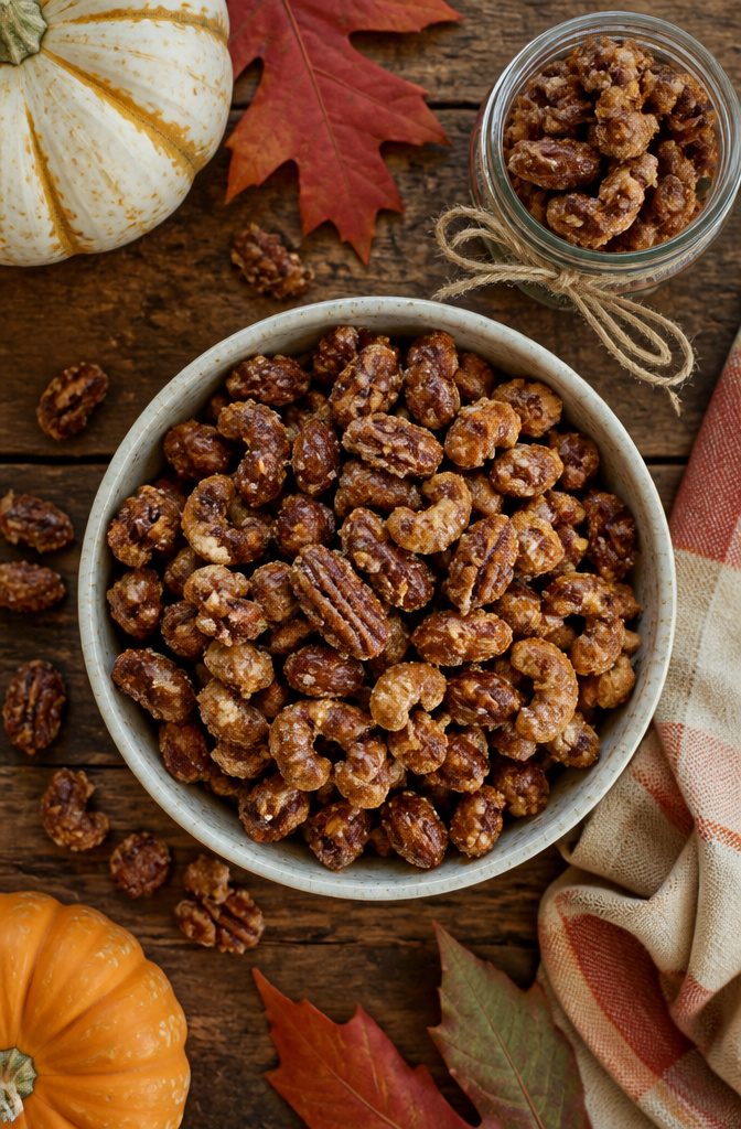 Bowl of honey roasted nuts cooling on a countertop.
