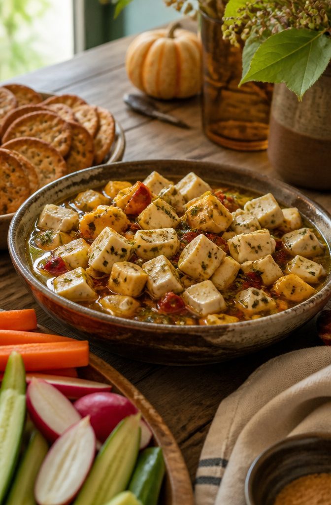 Cubes of marinated cheese in a ceramic bowl with vinaigrette.