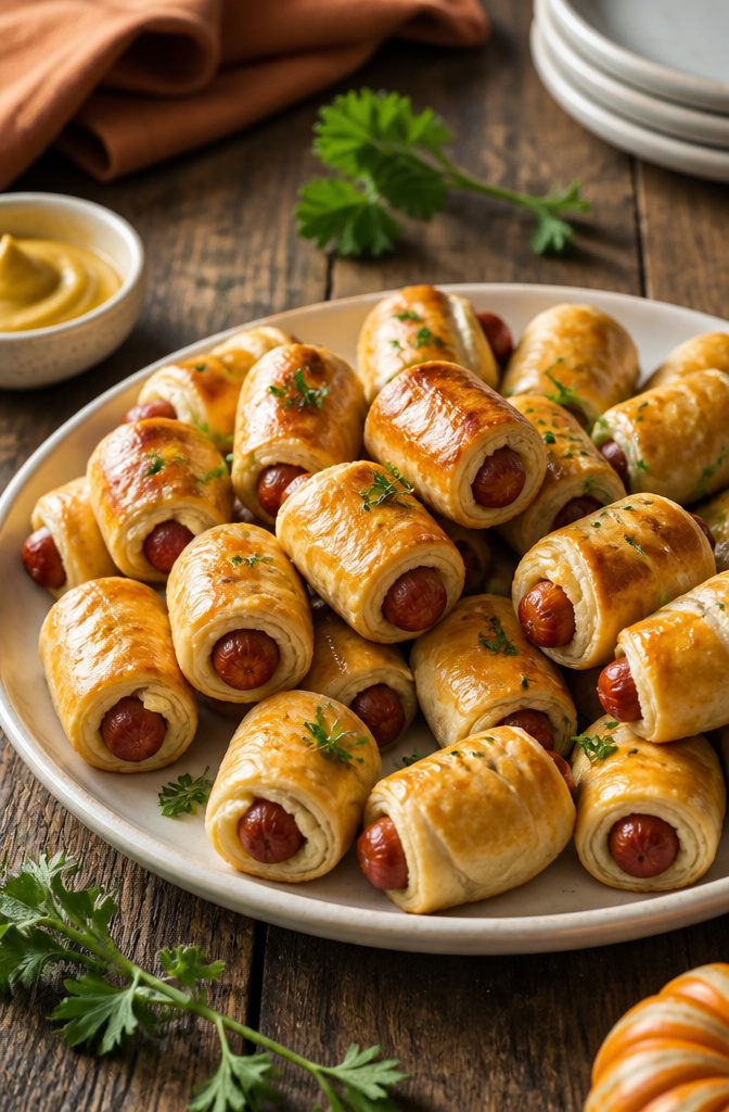 Pastry-wrapped sausages displayed on a platter.