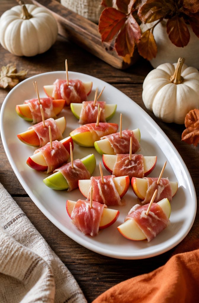 Apple wedges wrapped in prosciutto on a serving dish.