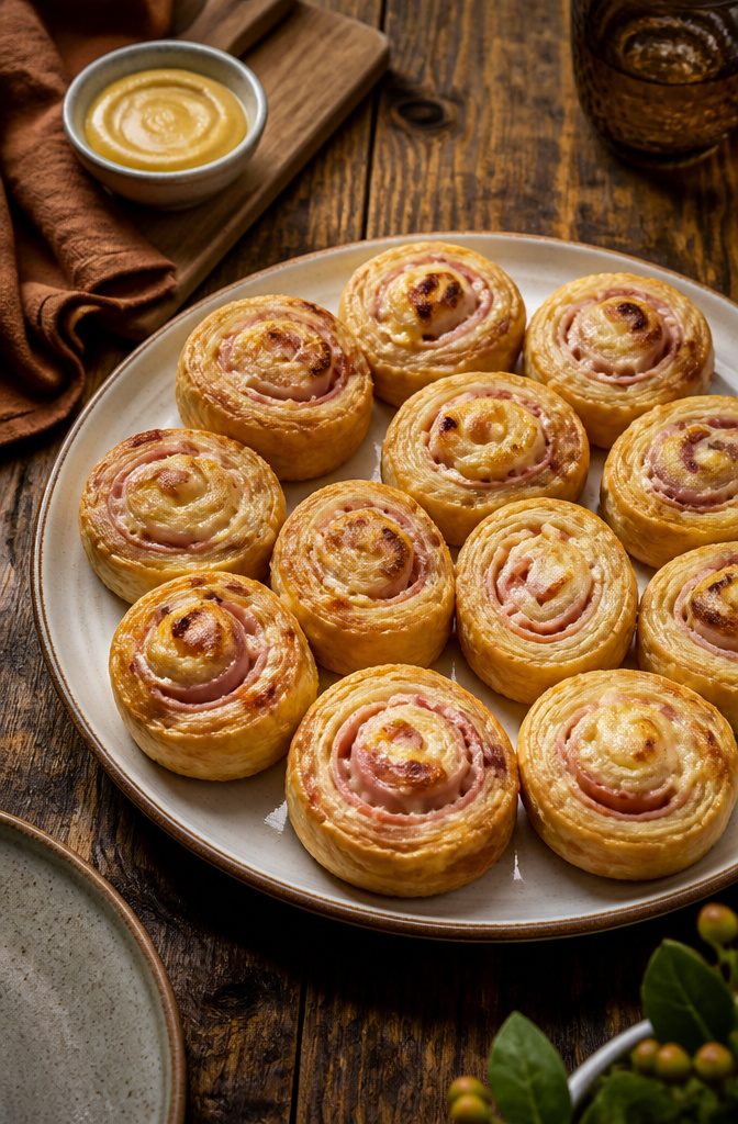 Ham and cheese pinwheels made with puff pastry on a wooden table.