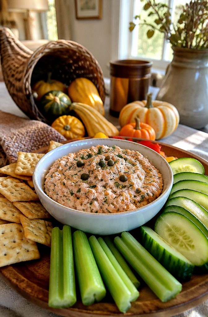 Salmon dip in a bowl surrounded by vegetables and crackers.