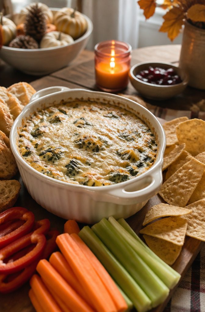 Bubbling spinach artichoke dip in a dish, with vegetables and chips.