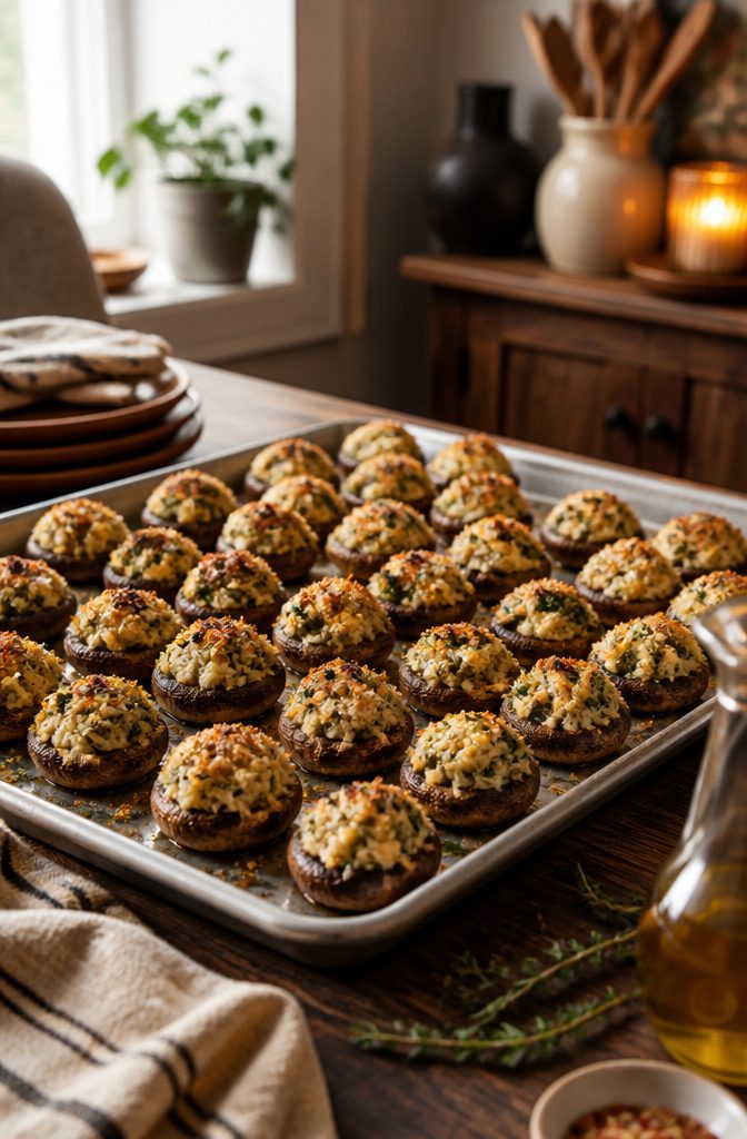 Baking tray filled with stuffed mushrooms on a wooden table.