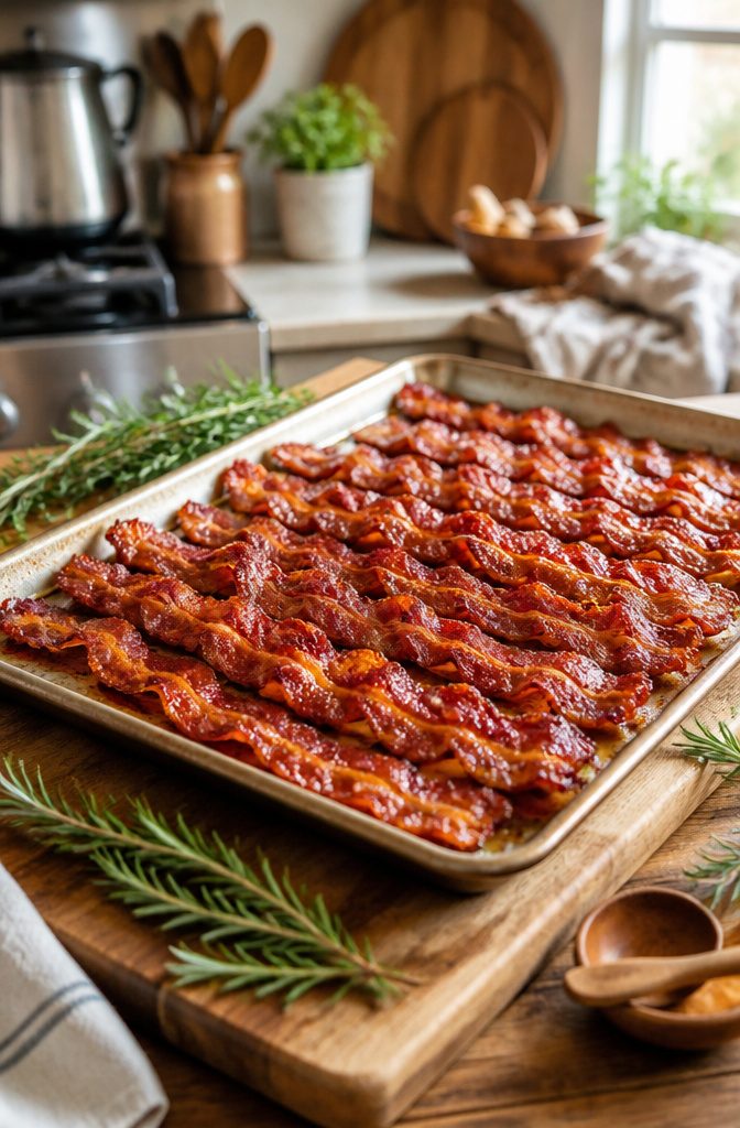 Twisted bacon strips on a baking sheet, ready to serve.
