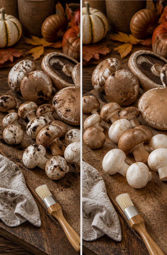 Thanksgiving Mushroom Recipes for the Holiday Table 12 A hand wiping mushrooms with a towel for cleaning.
