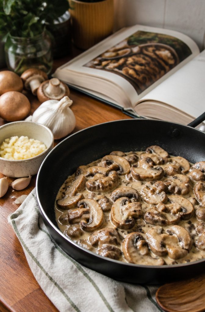 Thanksgiving Mushroom Recipes for the Holiday Table 3 Sizzling creamy garlic mushrooms in a frying pan.