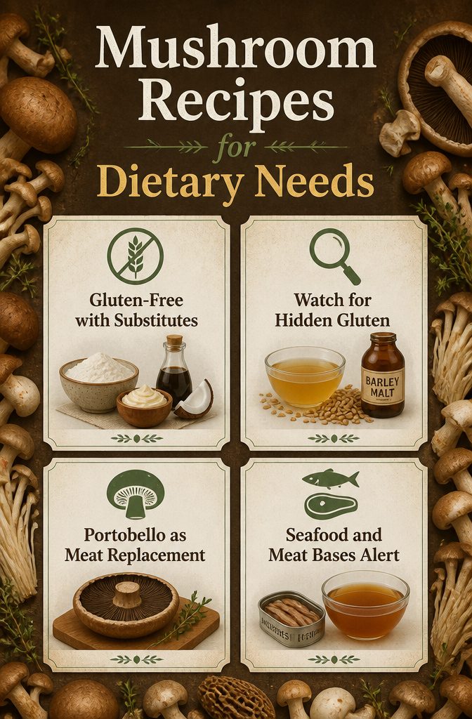Thanksgiving Mushroom Recipes for the Holiday Table 14 A graphic displaying mushroom recipes for dietary adaptations.