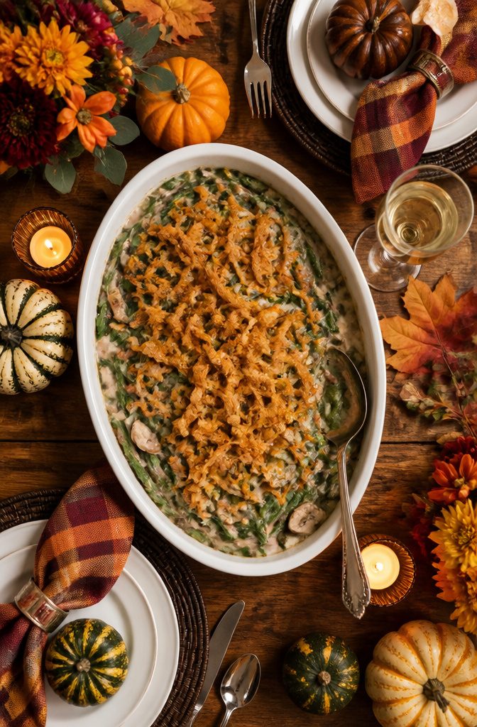 Thanksgiving Mushroom Recipes for the Holiday Table 6 A fresh green bean casserole topped with crispy fried onions.