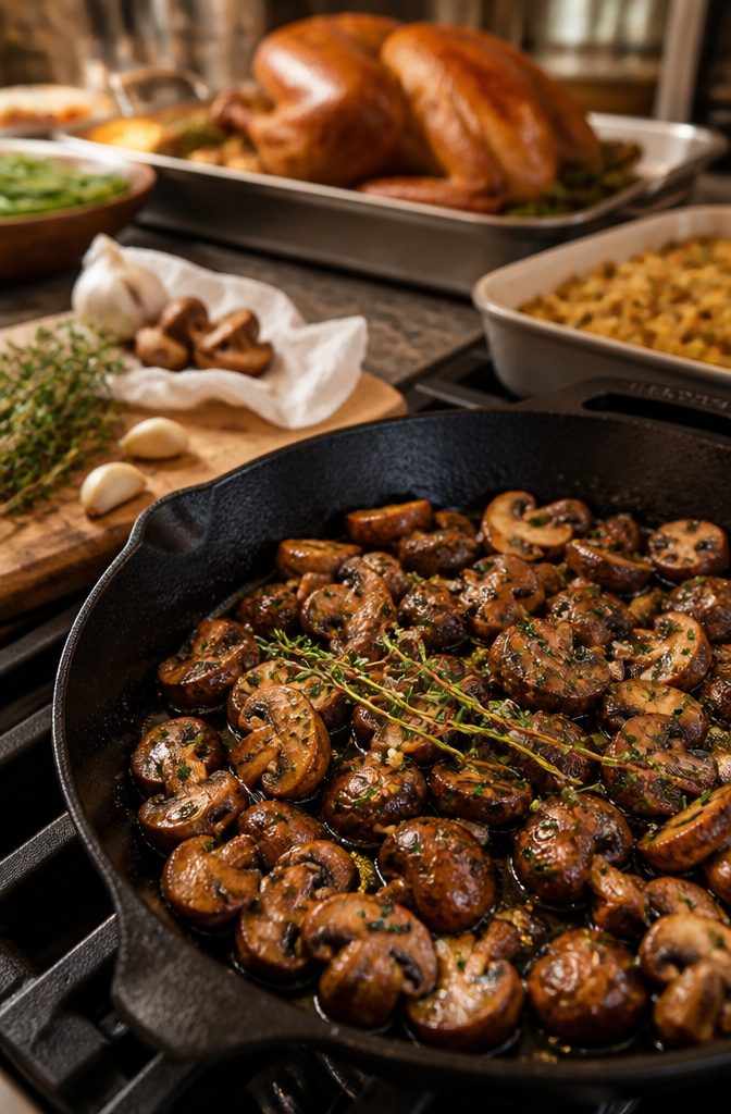 Thanksgiving Mushroom Recipes for the Holiday Table 2 A skillet of herb and garlic mushrooms browning in a pan.