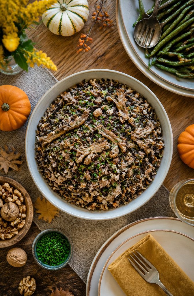 Thanksgiving Mushroom Recipes for the Holiday Table 10 A bowl of wild rice salad with Maitake mushrooms and walnuts.