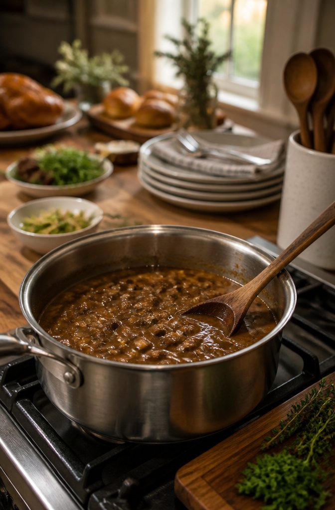 Thanksgiving Mushroom Recipes for the Holiday Table 9 A saucepan filled with rich mushroom gravy and herbs.