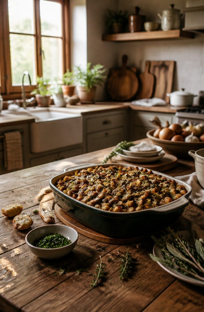 Thanksgiving Mushroom Recipes for the Holiday Table 7 Baking dish of vegetarian stuffing with mushrooms and vegetables.