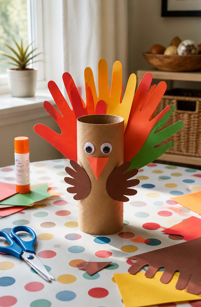 A turkey made from a toilet paper tube with colorful handprint feathers.