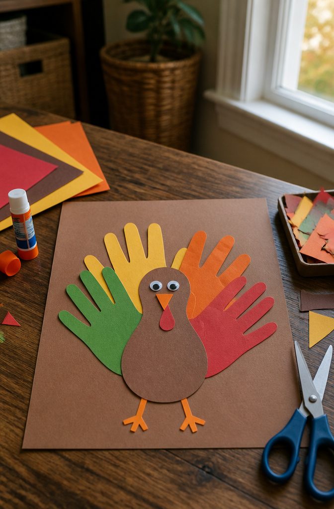 A handprint turkey on brown construction paper featuring colorful handprints.