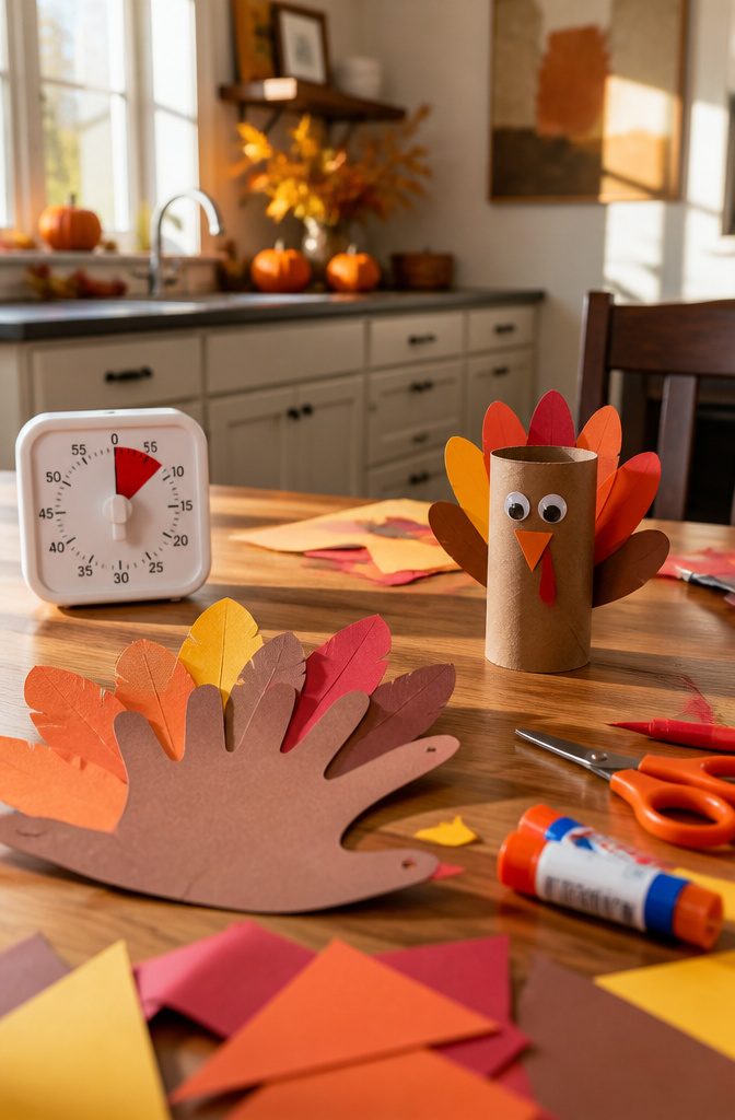 A kitchen scene with a timer and various colorful turkey crafts.