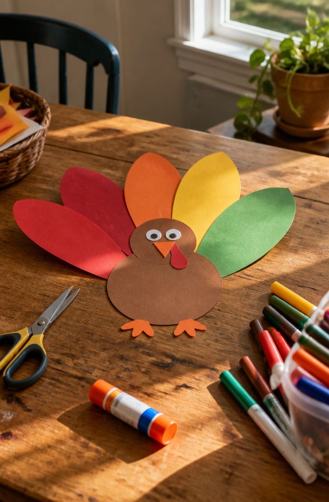 A turkey craft with colorful feathers showing words of gratitude.
