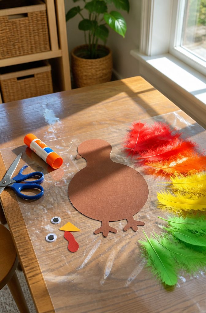 A turkey body on contact paper surrounded by colorful feathers.