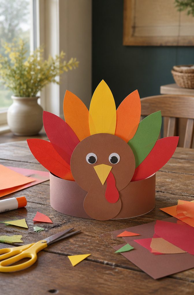A turkey hat made from brown construction paper with colorful feathers.