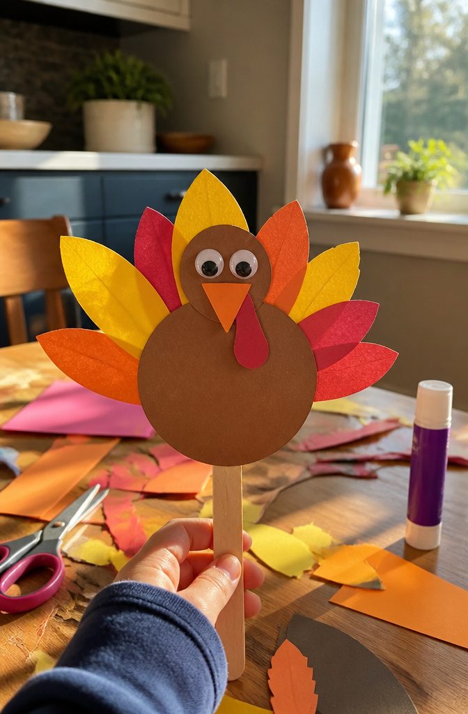 A turkey puppet made from brown cardstock and colorful construction paper.