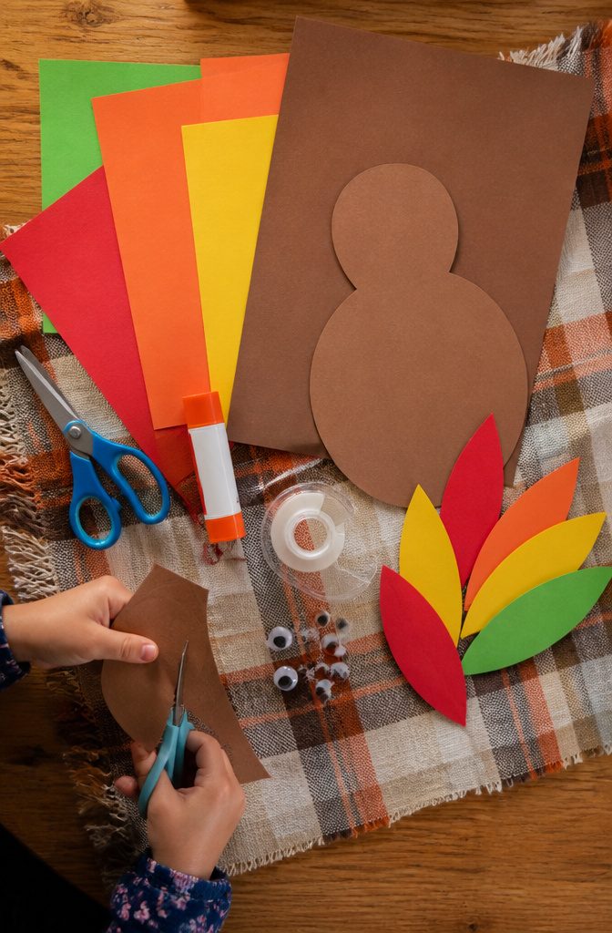 Construction paper, scissors, glue, and googly eyes for turkey crafts.