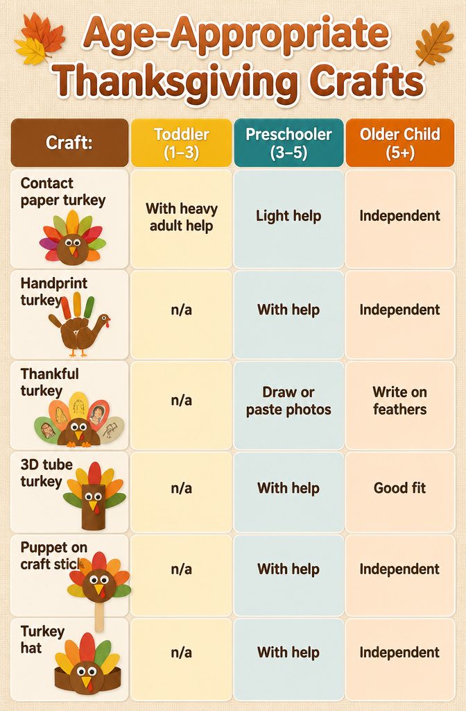 A chart showing age-appropriate Thanksgiving crafts for toddlers and preschoolers.