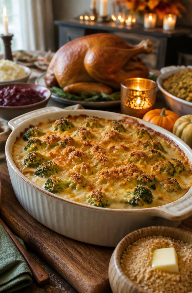 Broccoli casserole in a dish with a golden breadcrumb topping.