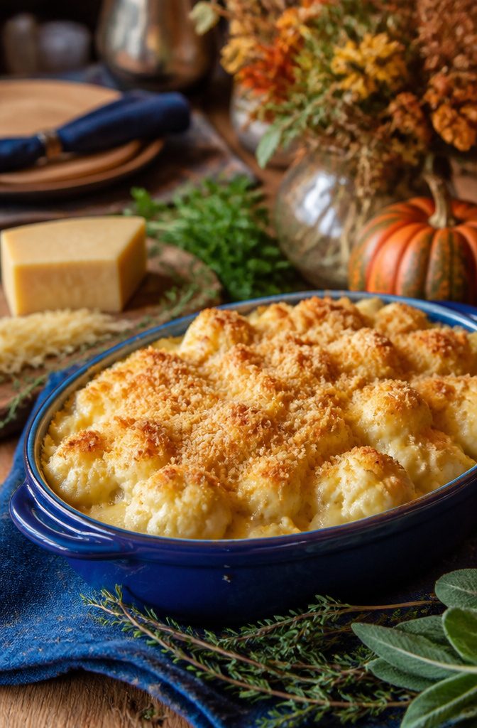 Cauliflower cheese in a dish with a breadcrumb topping.