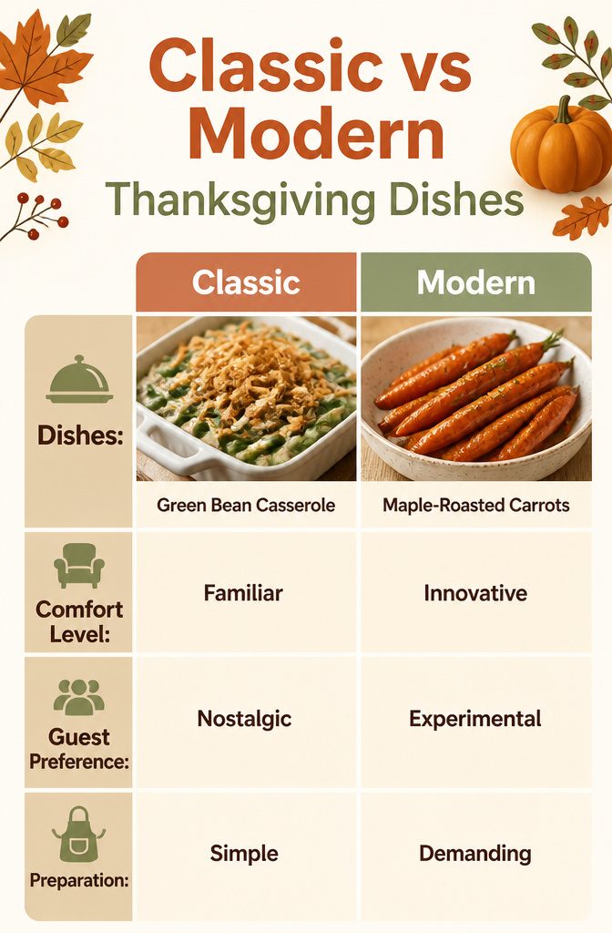 Classic versus modern Thanksgiving dishes on a dining table.