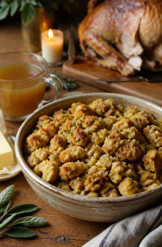 Cornbread stuffing in a bowl with onions and celery visible.