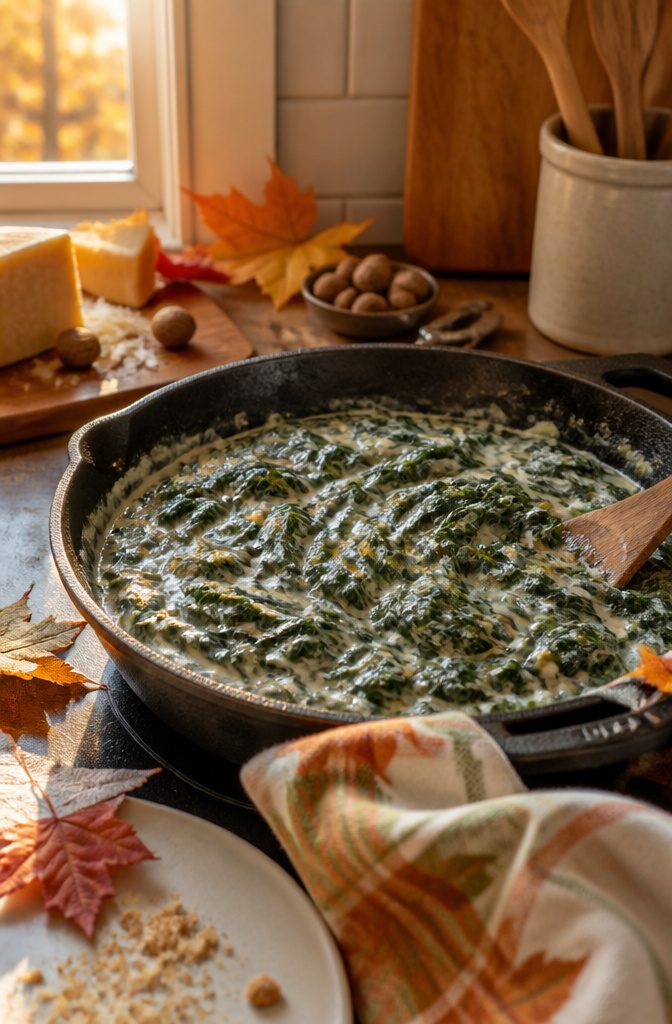 Creamed spinach in a skillet with a creamy sauce.
