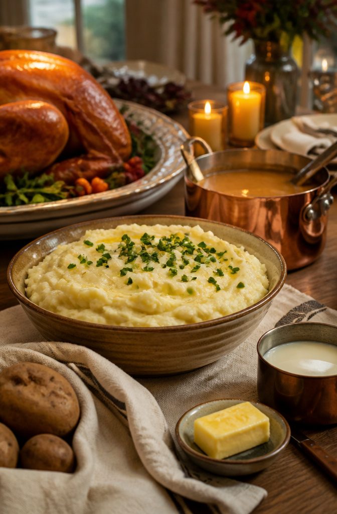 Creamy mashed potatoes in a bowl with chives on top.