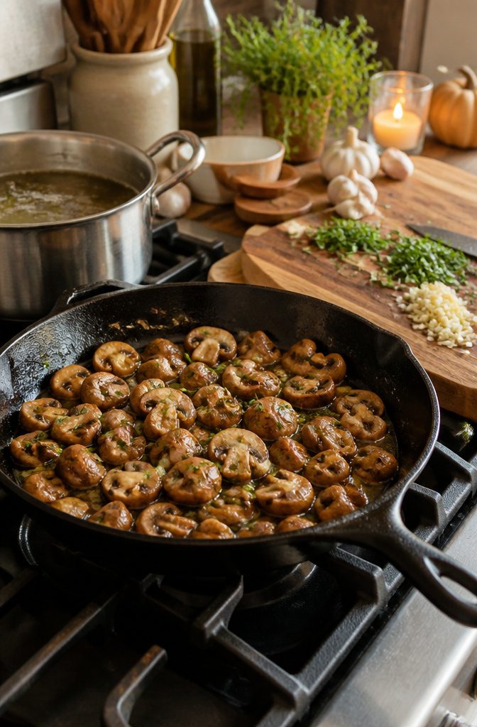 Garlic butter mushrooms in a skillet with herbs on a cutting board.