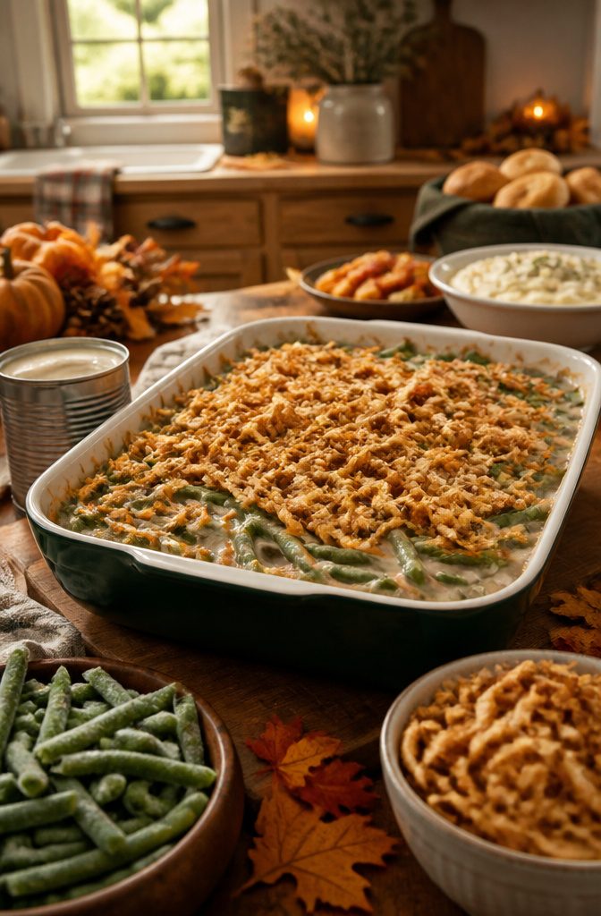 Green bean casserole in a dish with fried onions on top.