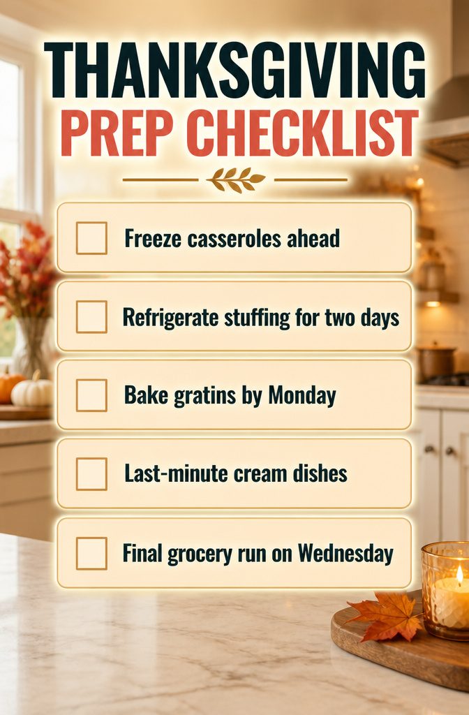 Checklist for Thanksgiving preparation with various side dish tips.
