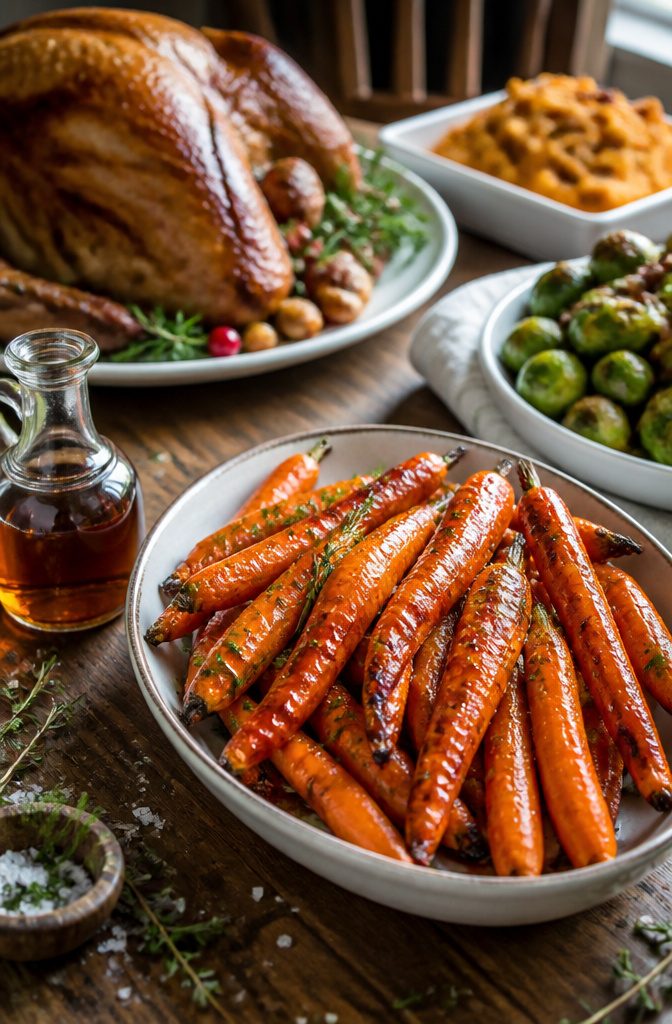 Maple-roasted carrots in a dish with herbs and coarse salt.