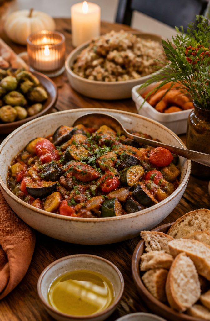 Ratatouille in a bowl with colorful vegetables and tomato sauce.